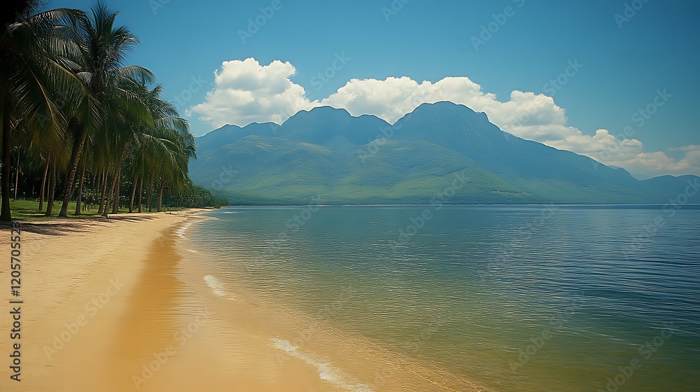 Naklejka premium Serene Tropical Beach Scene With Majestic Mountains