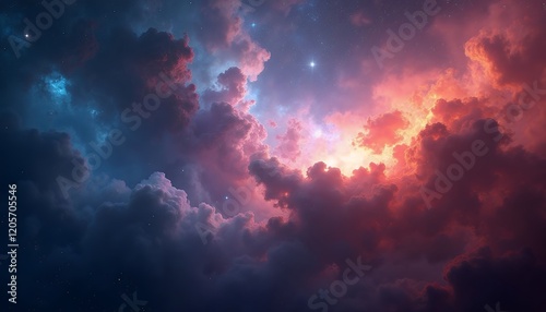 Fototapeta Naklejka Na Ścianę i Meble -  Celestial Nebula: A Cosmic Canvas of Crimson and Azure Hues