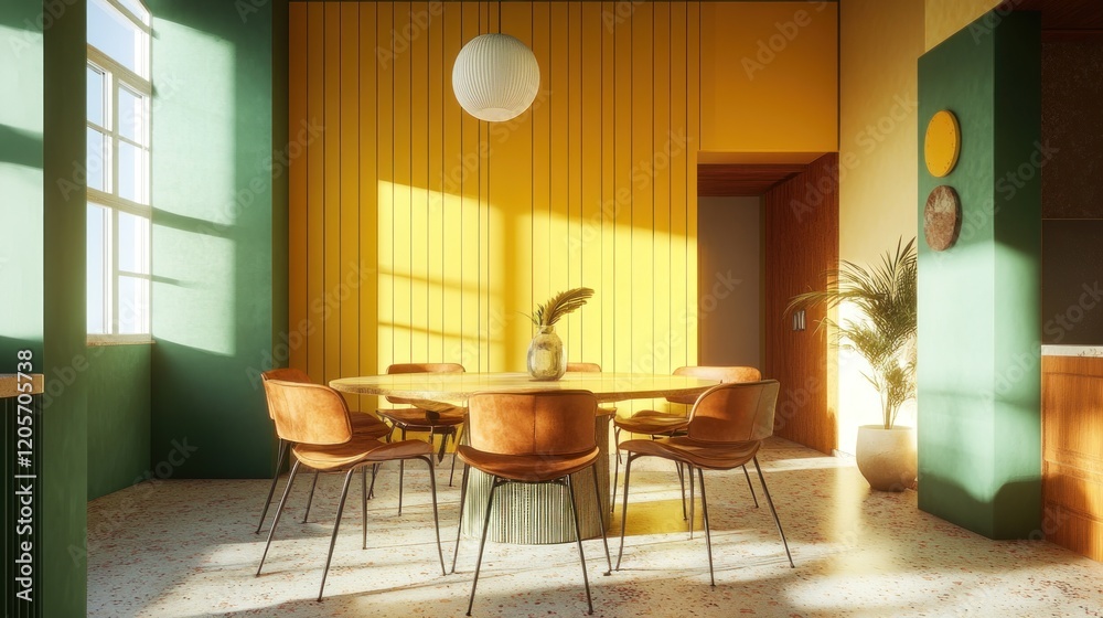 Fototapeta premium Sunlit Yellow Green Dining Room Interior Design