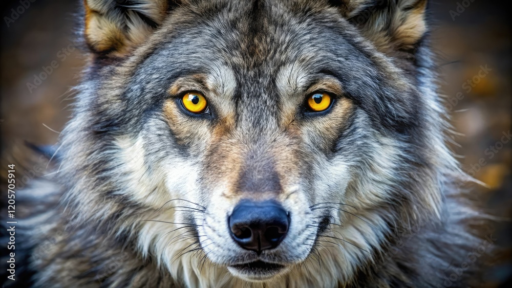 Fototapeta premium A close-up shot of a wolf's face with piercing yellow eyes staring directly at the camera, animal, eyes, animal behavior, texture, fur