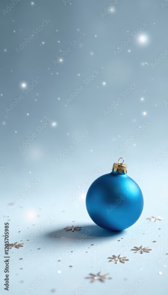 Tiny snowflakes scattered on a white background with a single blue bauble hanging from it, ornament, snowflake, winter scene
