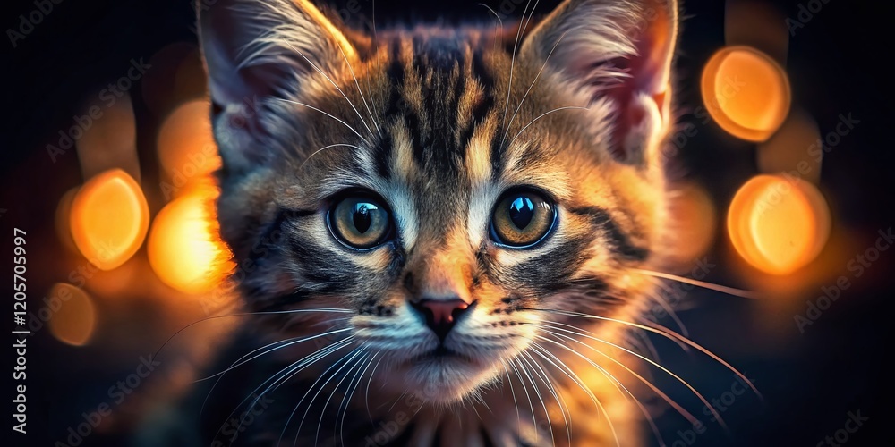 Adorable Kitten Close-Up at Night, Soft Lighting, Sweet Face Adorable Kitten Close-Up at Night, Soft Lighting, Sweet Face