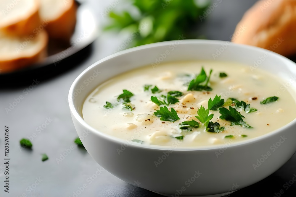 Steaming Bowl of Creamy Soup with Fresh Parsley and Crusty Bread on a White Background Steaming Bowl of Creamy Soup with Fresh Parsley and Crusty Bread on a White Background