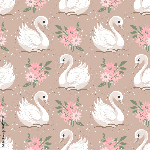 \Seamless pattern with swans princesses and flowers on beige background. Cute background for decorating children's bedroom photo