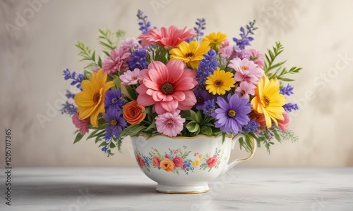 Wallpaper Mural Colorful watercolor bouquet with various flowers in a charming teacup, charming, vibrant, teacup, colorful Torontodigital.ca