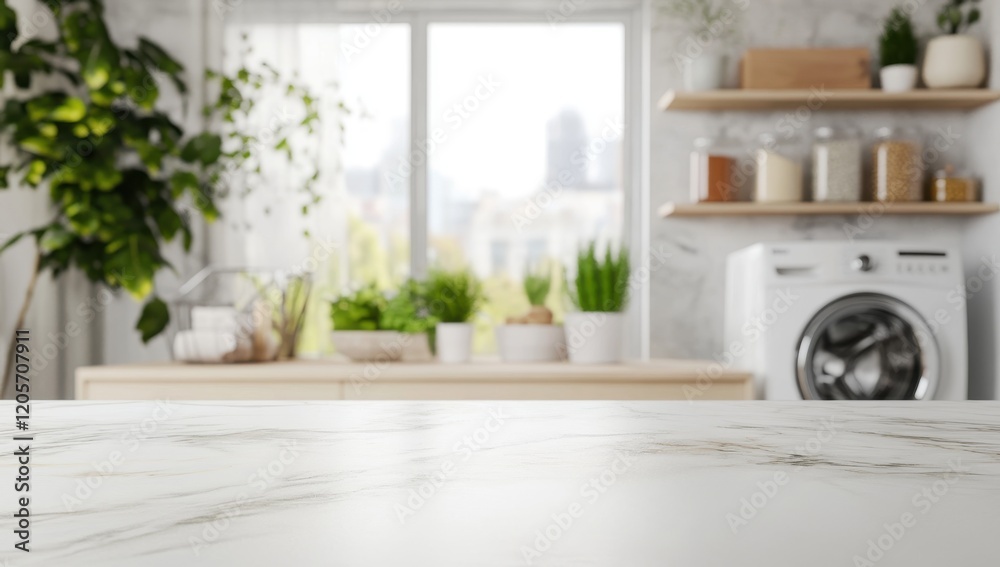 Modern Kitchen Mockup: A clean marble countertop provides the perfect stage for product display, set against a backdrop of a bright, modern kitchen featuring natural elements and a washing machine. Modern Kitchen Mockup: A clean marble countertop provides the perfect stage for product display, set against a backdrop of a bright, modern kitchen featuring natural elements and a washing machine.