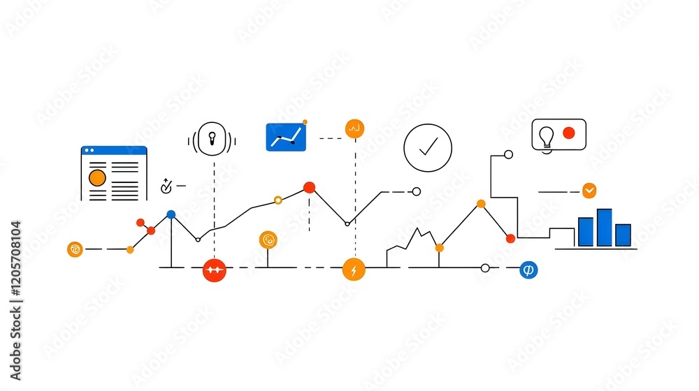Collection of 6 linear icons focused on data optimization and growth analysis featuring icons for metrics report graphs and data visualization in a simple line style Collection of 6 linear icons focused on data optimization and growth analysis featuring icons for metrics report graphs and data visualization in a simple line style