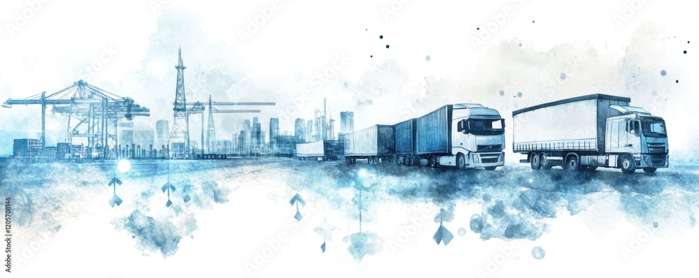 Fototapeta premium Industrial Transport Scene with Trucks and Construction Elements