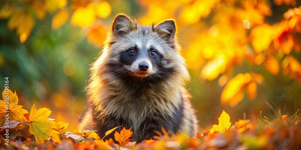 Adorable Raccoon Dog Portrait in a Lush Autumn Landscape Adorable Raccoon Dog Portrait in a Lush Autumn Landscape