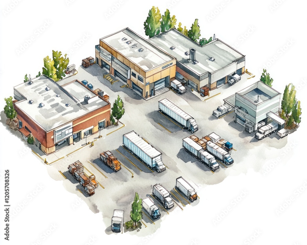 Aerial View of Industrial Complex with Trucks and Warehouses Aerial View of Industrial Complex with Trucks and Warehouses