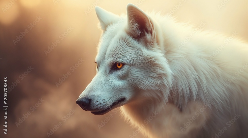 Majestic White Wolf with Piercing Amber Eyes in Dramatic Dawn Light