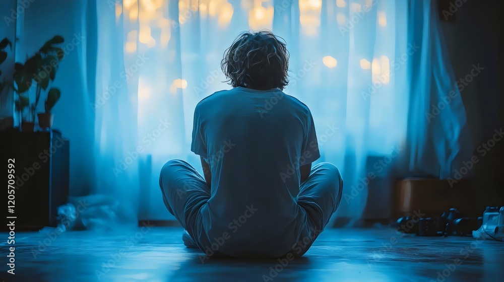 A man is sitting on the floor in a room with blue walls A man is sitting on the floor in a room with blue walls