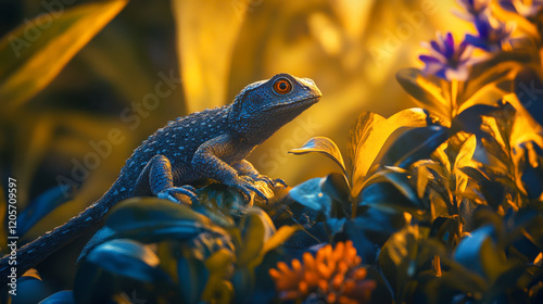 Close-up of a rare endangered lizard sitting on a branch of a tree in a natural habitat showcasing its unique features and vibrant coloration photo