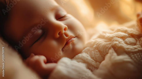 Close-up of a newborn baby sleeping with sunlight shining on the face, creating cozy and warm tones, pastel colors.