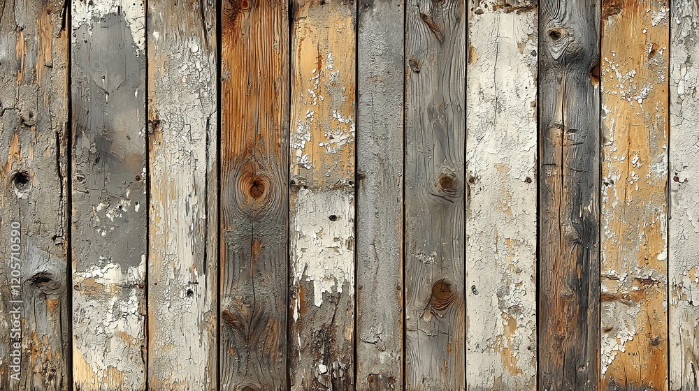 Weathered wooden wall in rustic style showcasing varying shades and textures with peeling paint Weathered wooden wall in rustic style showcasing varying shades and textures with peeling paint