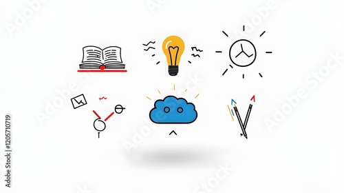 This comprehensive icon set features a collection of 6 linear symbols that represent the concept of knowledge  learning and intelligence  The set includes icons depicting a book  a mind  creativity