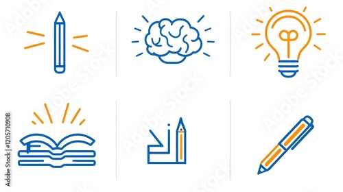 A comprehensive icon set featuring symbols that represent the concept of knowledge learning and intelligence  The set includes icons depicting a book a mind and creativity