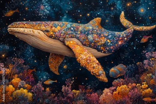 Vibrant Cosmic Whale Amid Coral Reefs photo