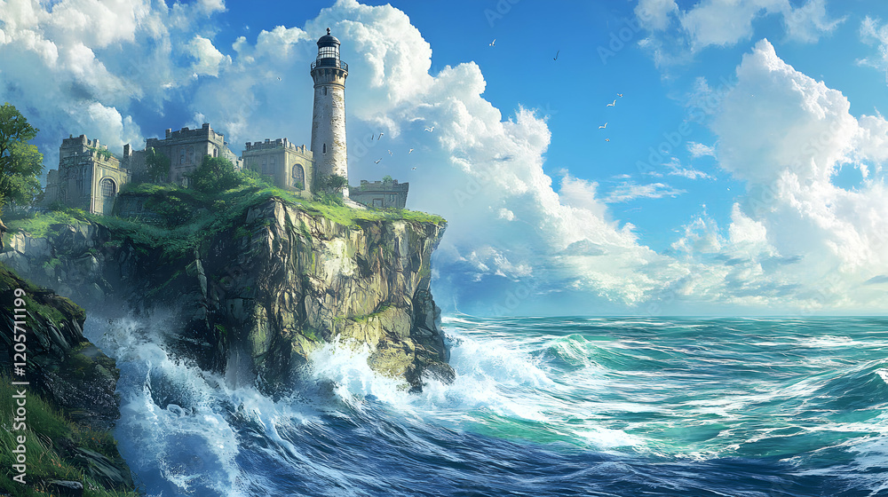 Fototapeta premium Majestic Lighthouse Overlooking Stormy Ocean Waves on Rocky Coast