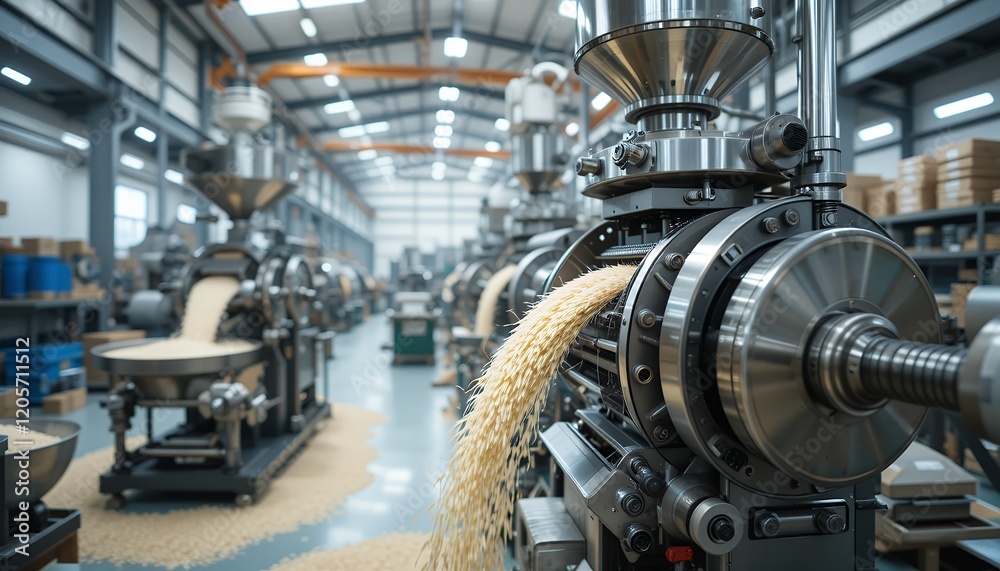 Automated Grain Processing Machinery in Factory Setting with Production Line View. Rice milling machine Automated Grain Processing Machinery in Factory Setting with Production Line View. Rice milling machine