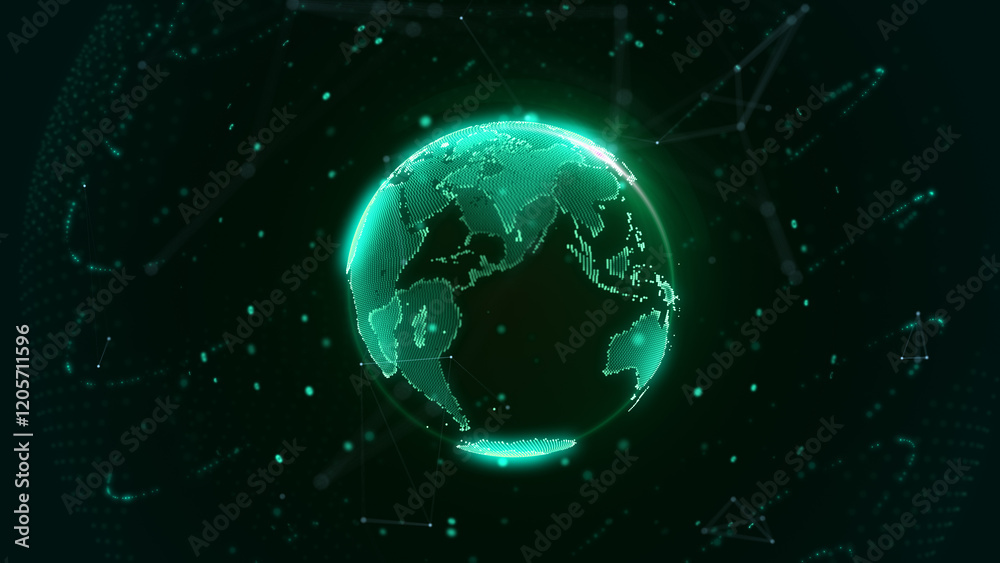 Digital global network solution platform with data connection transfer concept. Green earth planet spinning on the center of galaxy space illustration. Digital global network solution platform with data connection transfer concept. Green earth planet spinning on the center of galaxy space illustration.