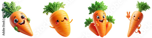 Cheerful and energetic carrot characters smiling. Root vegetables without background PNG