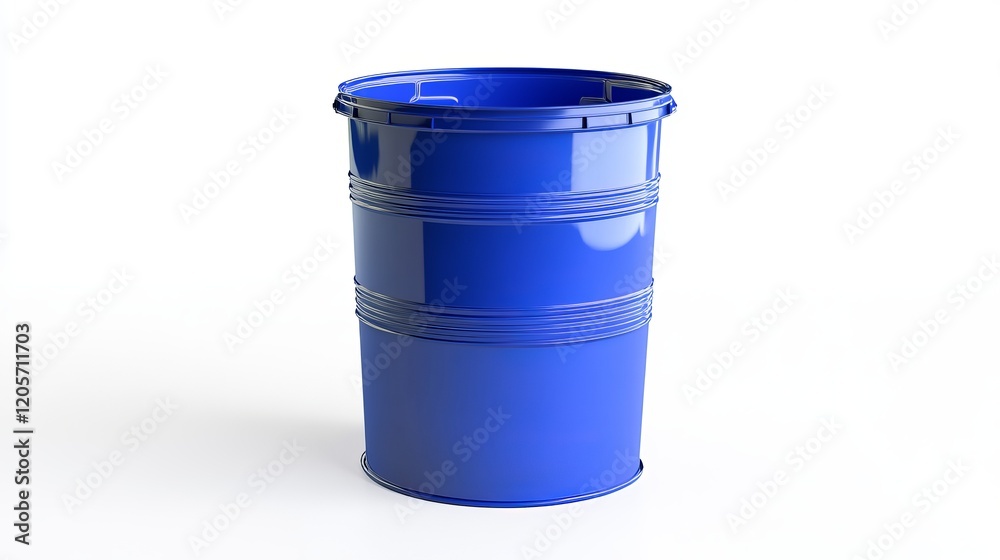 A blue plastic storage barrel is highlighted in a 3D illustration on a white background A blue plastic storage barrel is highlighted in a 3D illustration on a white background