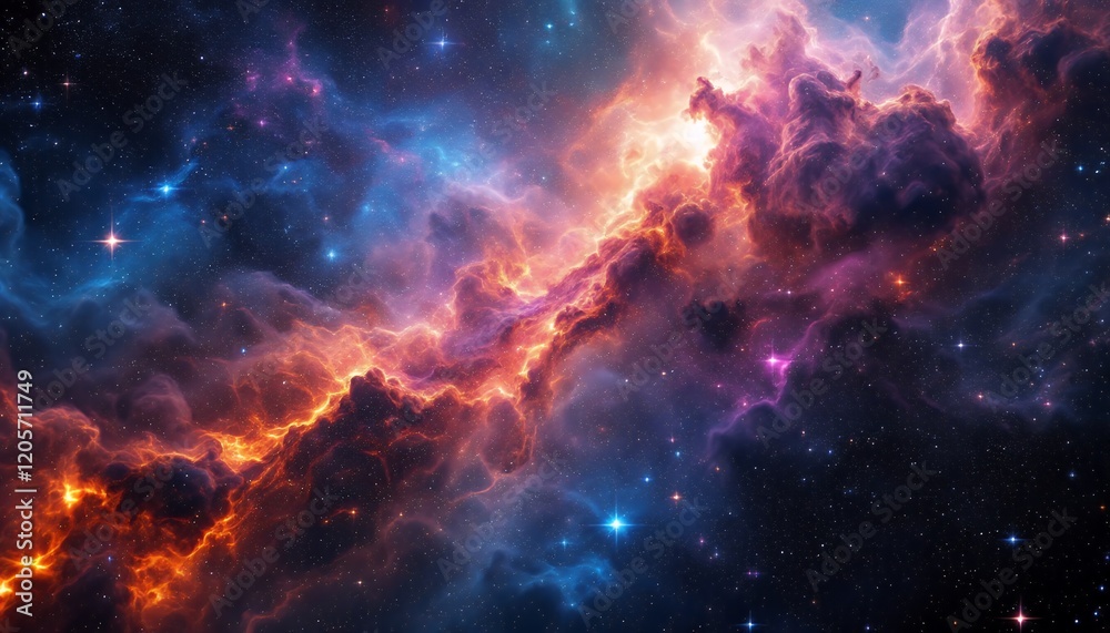 Fototapeta premium Cosmic Nebula: A Celestial Tapestry of Fiery Hues and Stellar Dust