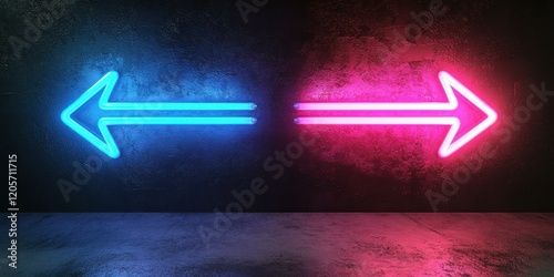 A dynamic double neon arrow pointing in opposite directions, glowing in alternating cyan and magenta on a pitch-black background