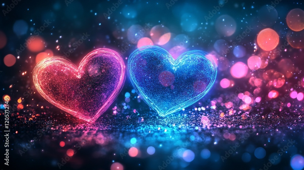 Trendy neon hearts with blue and pink bokeh lights, perfect for modern Valentine's Day campaigns, social media posts, and digital decorations. Trendy neon hearts with blue and pink bokeh lights, perfect for modern Valentine's Day campaigns, social media posts, and digital decorations.