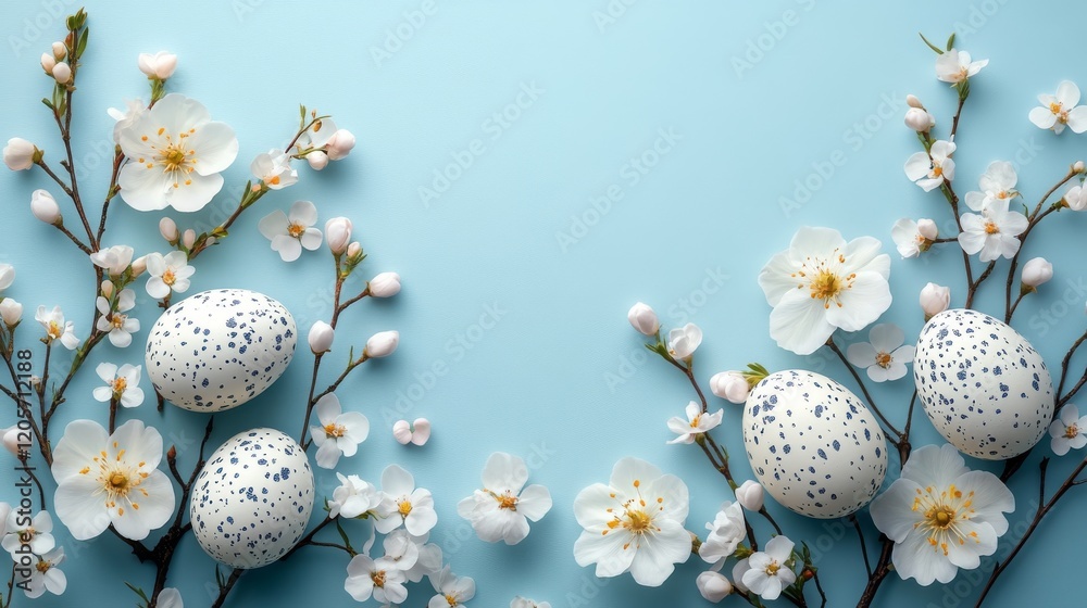 Fototapeta premium Delicate Easter Composition with Speckled Eggs and Cherry Blossoms on Light Blue Background