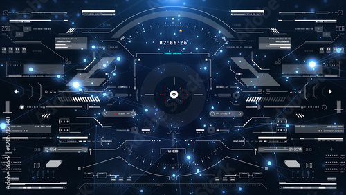 HUD screen surveillance aerial view fly through technology security monitoring system. Cyber digital head up display UI scanning interface illustration.