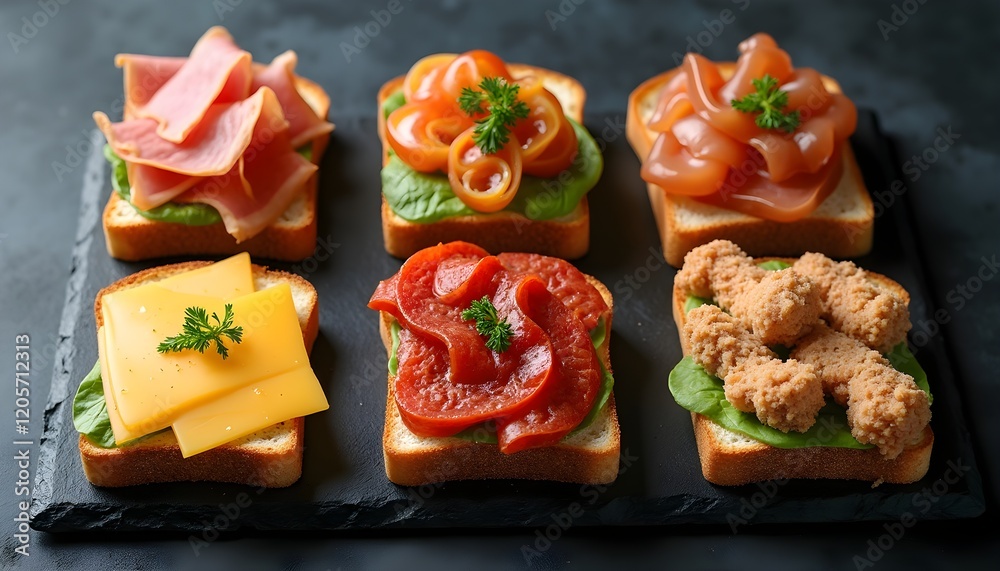 An assortment of open-faced sandwiches featuring an assortment of meats, ham, cheeses and toppings, beautifully arranged on a slate board for a visually appealing culinary presentation. An assortment of open-faced sandwiches featuring an assortment of meats, ham, cheeses and toppings, beautifully arranged on a slate board for a visually appealing culinary presentation.