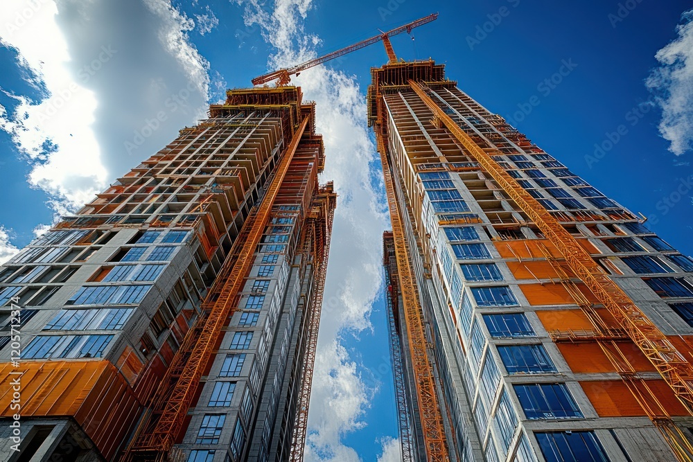 Skyscrapers under construction, illustrating the scale and complexity of high-rise building projects. Skyscrapers under construction, illustrating the scale and complexity of high-rise building projects.