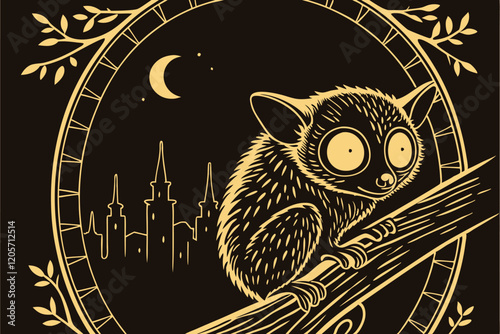 18 Dark fantasy creature, wide-eyed tarsier, circular frame, golden city skyline, intricate details, black background, glowing eyes, mystical atmosphere, furry animal, nocturnal creature, steampunk el