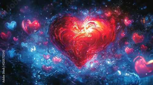 Trendy neon hearts with blue and pink bokeh lights, perfect for modern Valentine's Day campaigns, social media posts, and digital decorations.