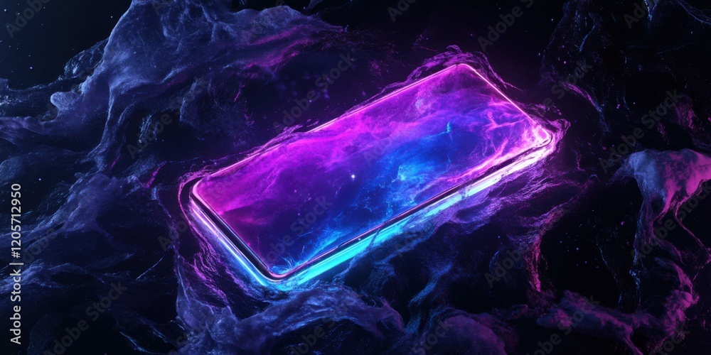 A glowing neon rectangle with glitch effects, radiating purple and blue light, floating on a sleek black canvas A glowing neon rectangle with glitch effects, radiating purple and blue light, floating on a sleek black canvas