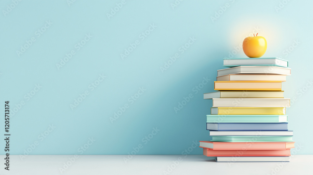 Fototapeta premium A stack of colorful textbooks arranged neatly on a white surface, with a glowing apple placed on top.