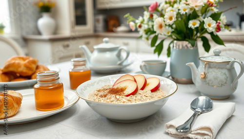 Wallpaper Mural A beautifully set breakfast table featuring tea, croissants, oatmeal topped with apples, and honey in sunlight. Elegant china and natural light enhance the homely yet sophisticated atmosphere.

 Torontodigital.ca