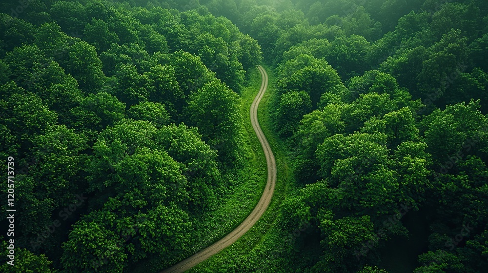 Winding path through lush green forest under soft morning light in a serene natural setting Winding path through lush green forest under soft morning light in a serene natural setting