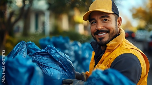 A man in a yellow vest is smiling and holding a bag of trash