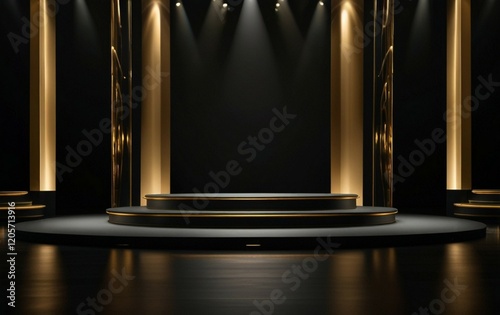 cinematic stage spotlights, golden particle atmosphere, dramatic upward beams, glowing floor reflection, starry lighting effect, dark luxury backdrop, premium awards ceremony scene