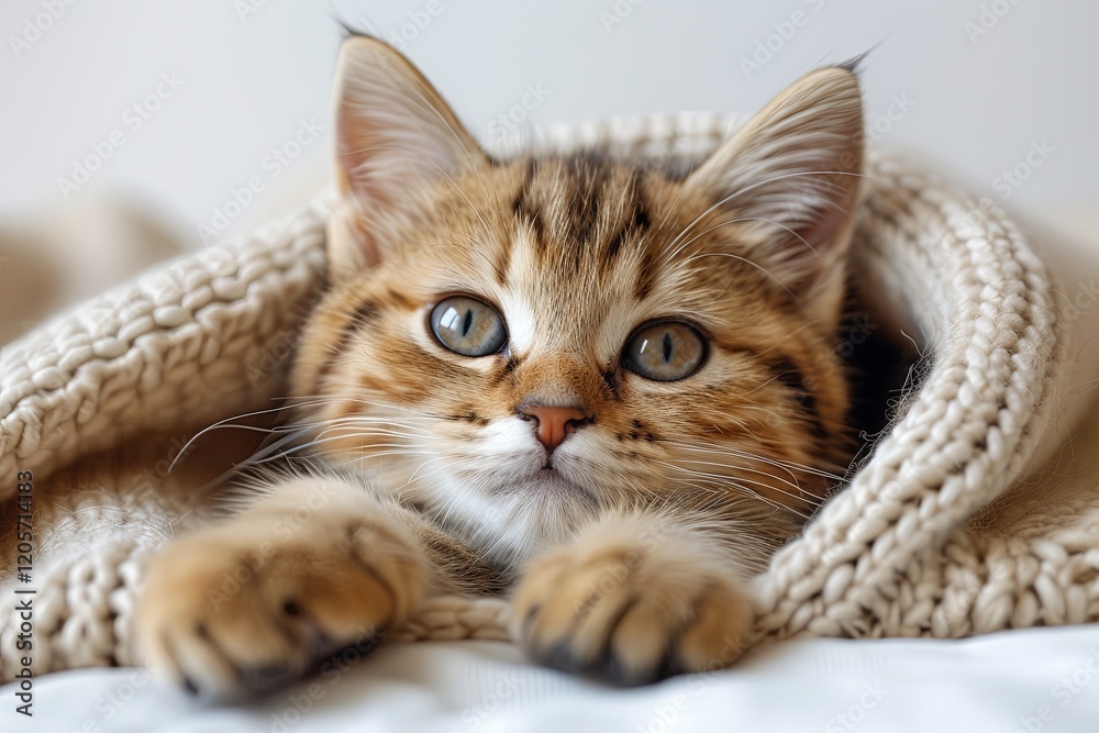 Fototapeta premium Adorable Kitten Wrapped In Cozy Blanket