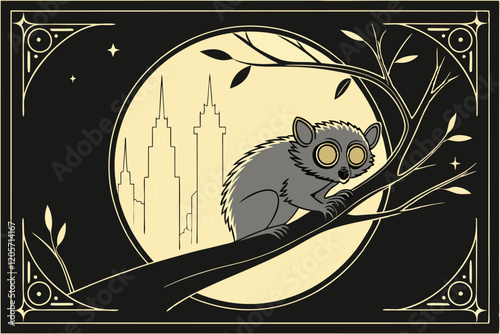 18 Dark fantasy creature, wide-eyed tarsier, circular frame, golden city skyline, intricate details, black background, glowing eyes, mystical atmosphere, furry animal, nocturnal creature, steampunk el