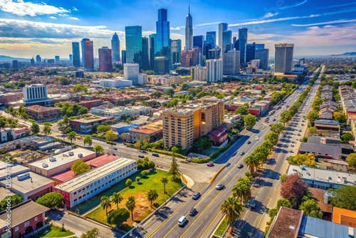 Aerial Drone View Wilshire Blvd & Downtown LA Skyline from Western Ave, Koreatown - April 2021 photo