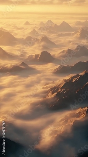 Majestic mountain peaks rise above a sea of clouds during a golden sunrise.