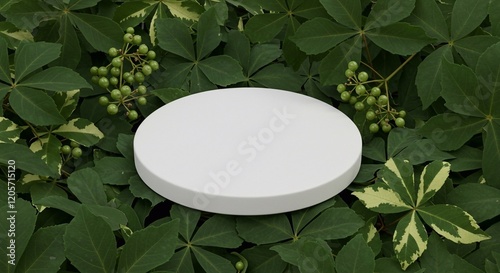 White round template podium mockup for natural organic cosmetic product presentation ad concept on green eco forest fresh leaves nature flat lay background, trendy stylish minimalist flatlay mock up
 photo