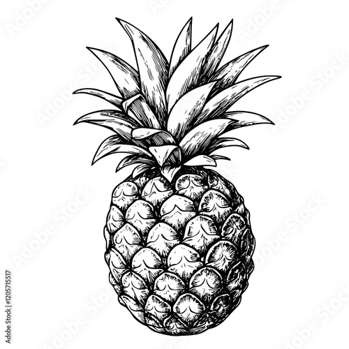 Detailed black and white illustration of a pineapple showcasing its unique texture and shape. Generative AI