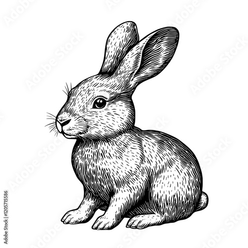 Detailed illustration of a rabbit sitting gracefully in a natural pose surrounded by simple lines and patterns. Generative AI