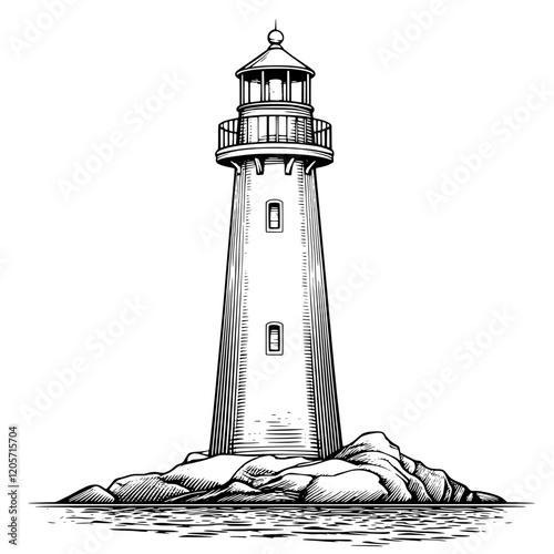 Lighthouse stands tall on rocky island overlooking calm waters at sunset in a coastal landscape. Generative AI